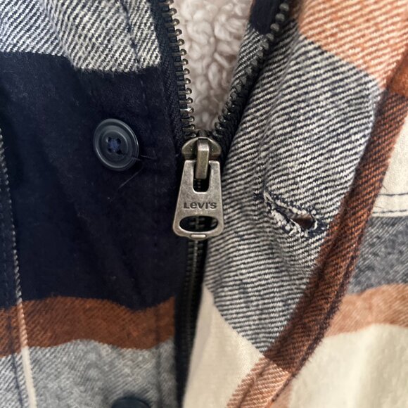 LEVIS MENS FLANNEL JACKET ZIP UP AND BUTON UP FLEECE HOODIE BROWN PLAID SZ S - Picture 6 of 11